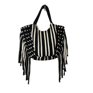 Black & Cream Bohemian Woven Side Tasseled Striped Large Shoulder Bag
